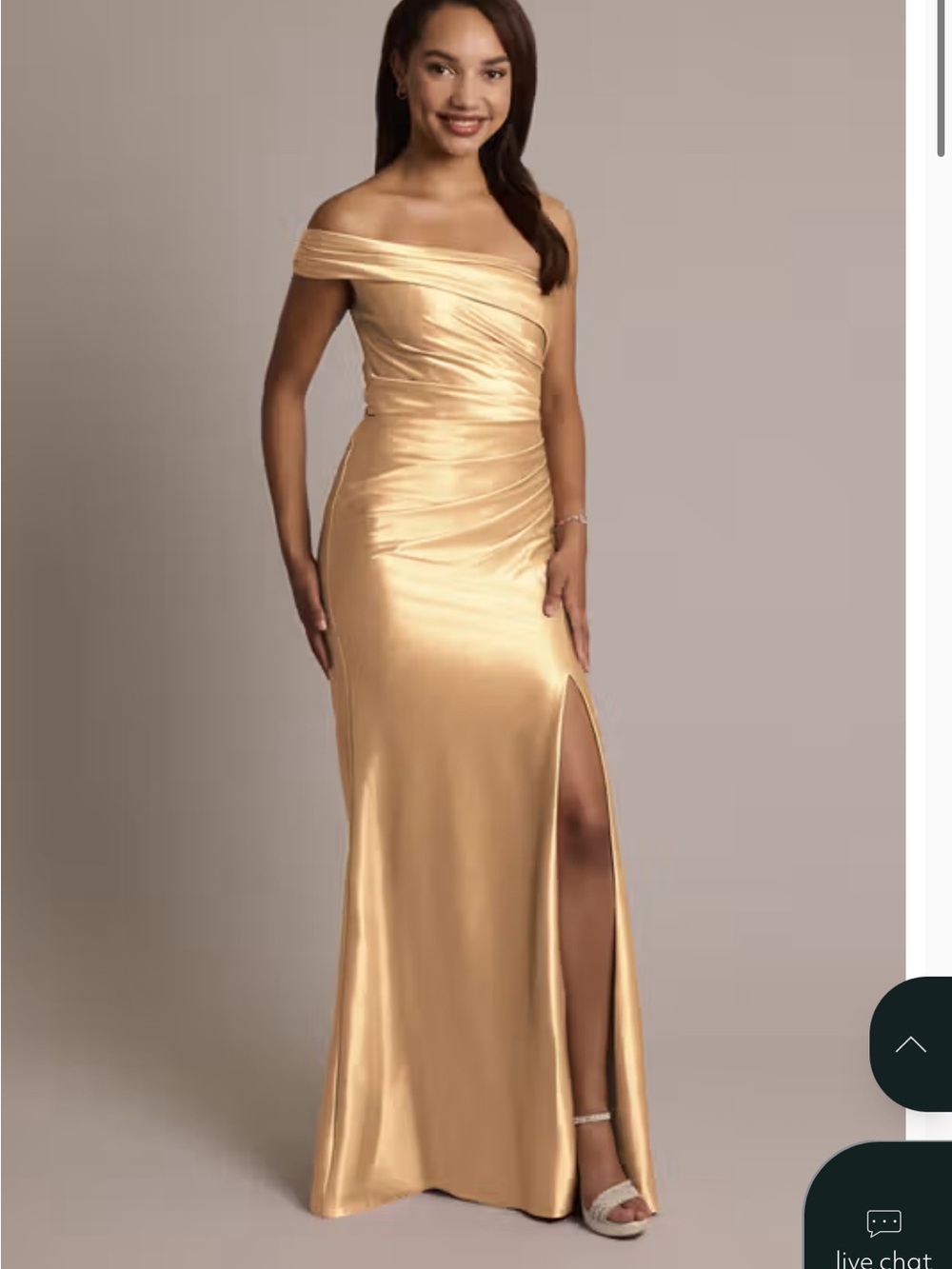 David’s Bridal Off-Shoulder Gold Satin Evening Gown with Side Slit